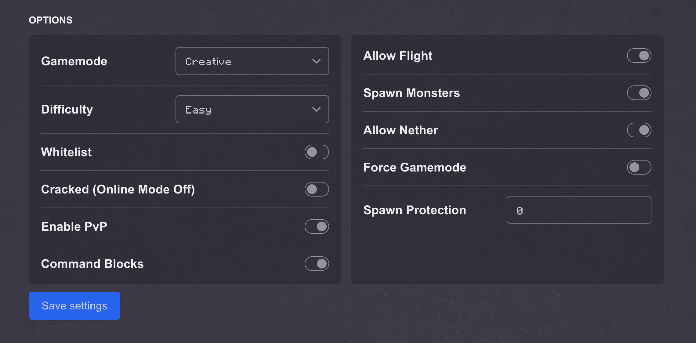 Server settings panel screenshot